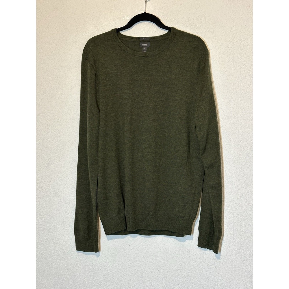 J Crew Sweater Mens Slim XL Green Black‎ Heathered 100% Merino Wool Lightweight